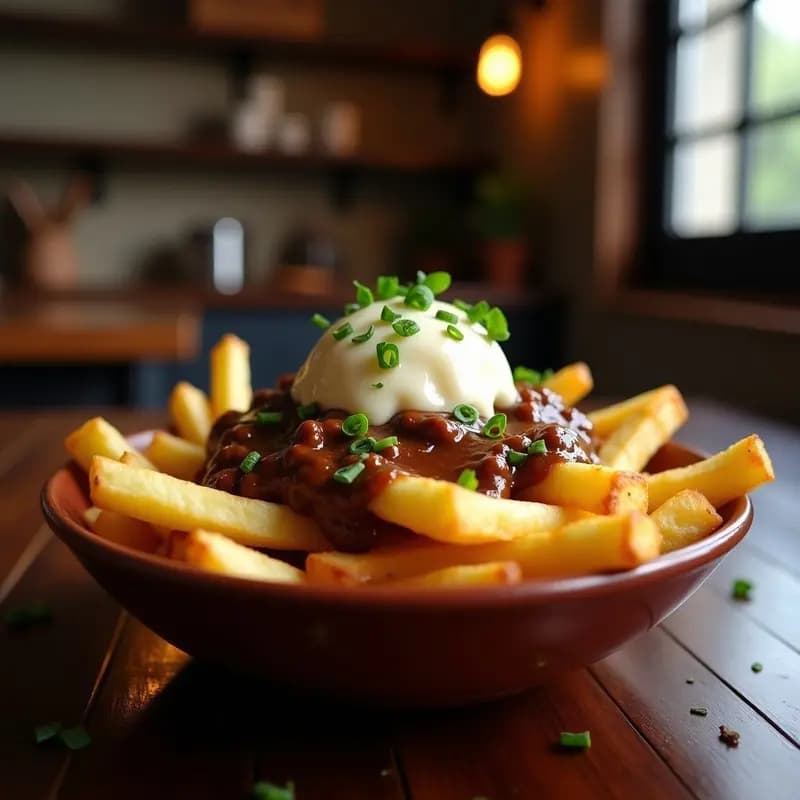 Poutine Canadiense con Queso de Mozzarella y Salsa de Carne: Papas Fritas Gourmet con Toppings Tradicionales