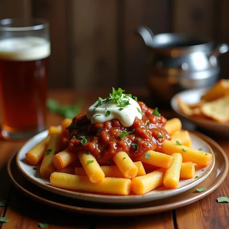 Poutine Extrema: Papas Fritas con Queso en Trozos, Salsa Gravy y Chorizo Picante