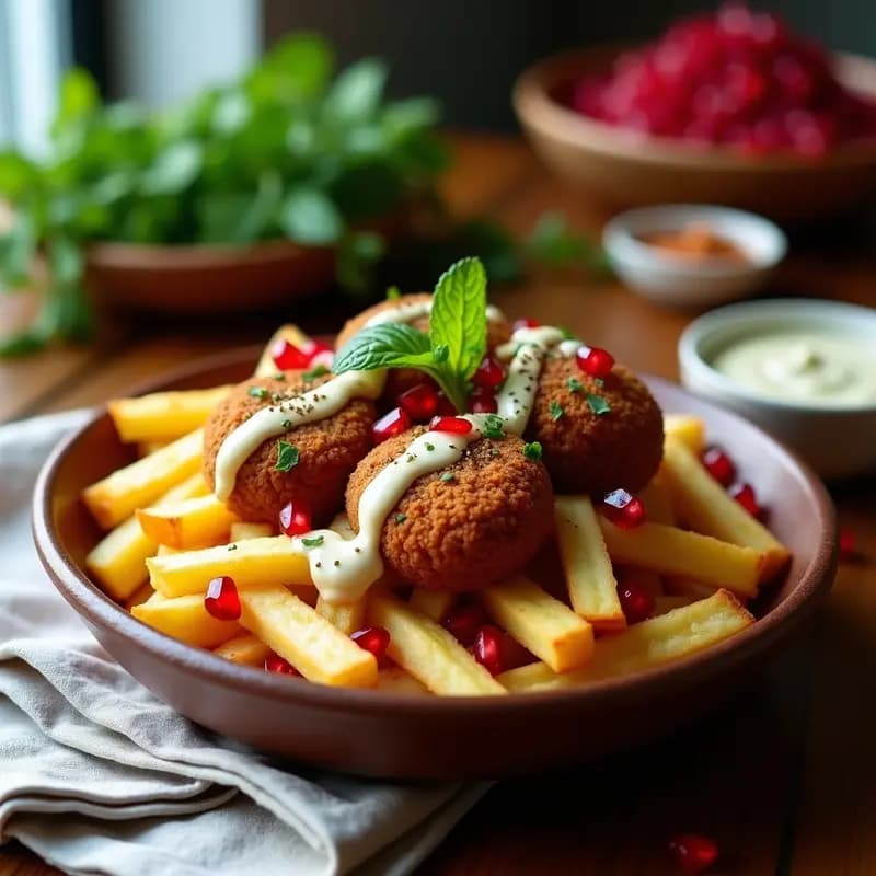 Poutine Libanesa con Falafel y Salsa de Tahini: Fusion de Oriente Medio