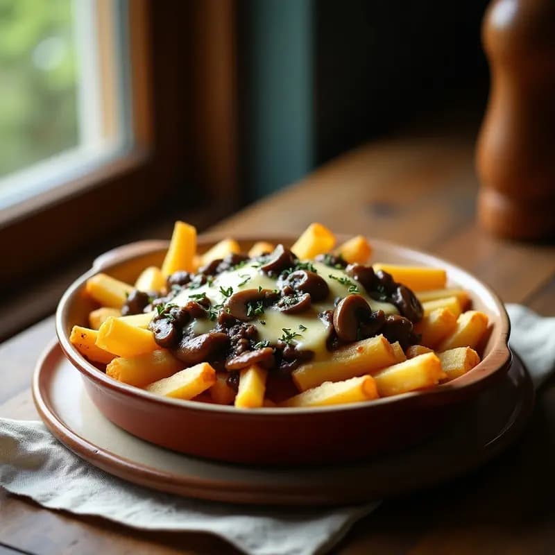 Poutine Francés con Queso Gruyère y Salsa de Hongos: Receta Canadiense Gourmet en Horno