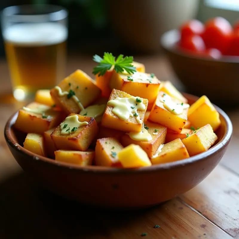 Poutine canadiense con Queso Halloumi y Salsa de Mostaza: Receta Sin Lactosa y Crujiente