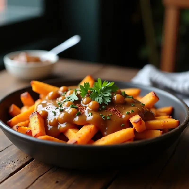 Poutine de Patata Dulce y Gravy de Garbanzos: Receta Vegana Canadiense Sin Queso
