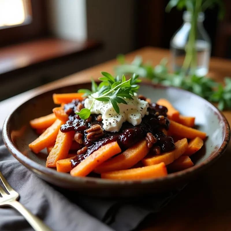 Poutine de Patatas Dulces y Queso de Cabra: Receta Canadiense Gourmet Sin Lactosa