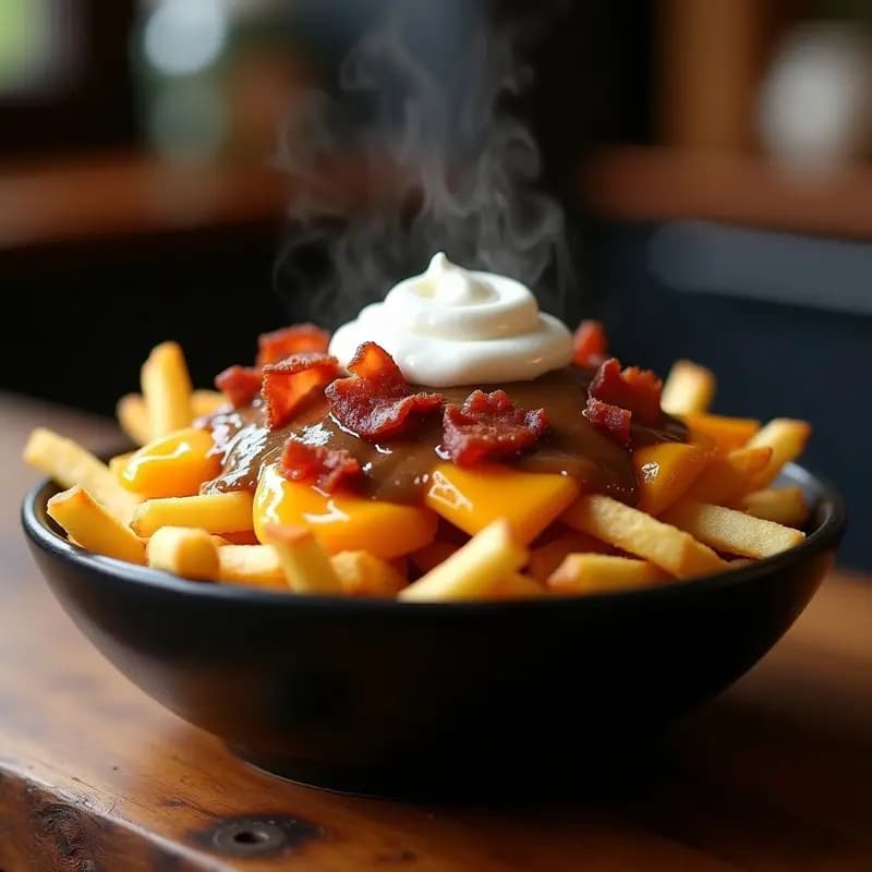 Poutine de Patatas Fritas con Queso Cheddar, Bacon y Crema Ácida: Receta Canadiense de Poutine Gourmet