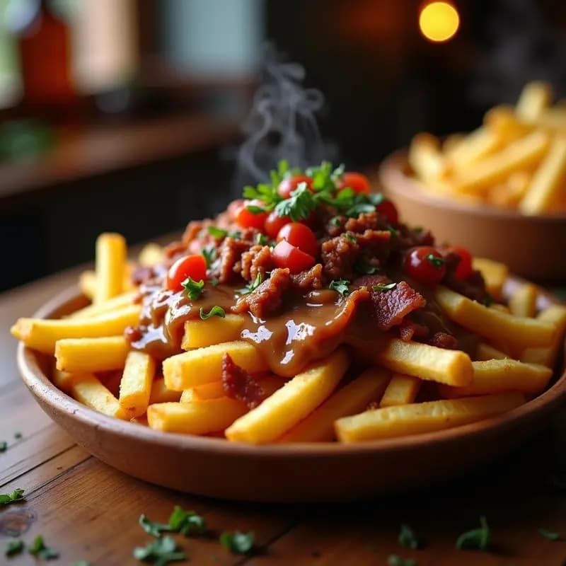 Poutine Canadiense Extrema: Patatas Fritas con Queso en Grano, Salsa de Carne y Bacon Crujiente