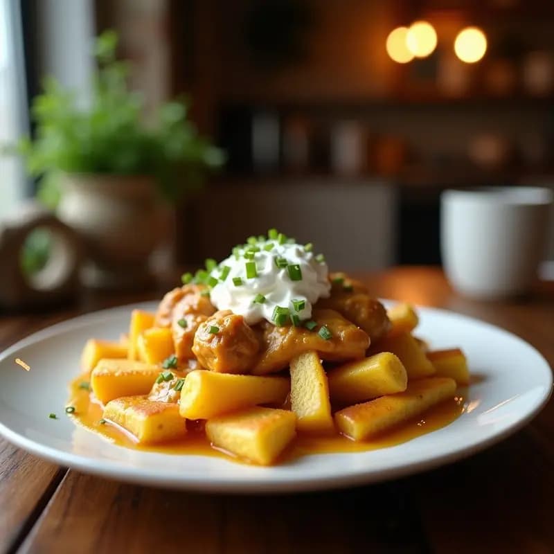 Poutine de Pollo al Curry y Queso Halloumi: Receta Canadiense Fusion con Toque Indio