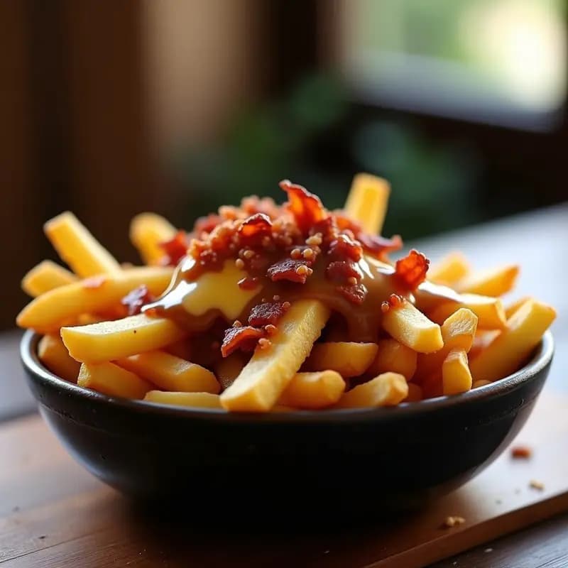 Poutine Canadiense con Queso en Grano, Bacon y Salsa Gravy: El Aperitivo que Conquista Canadá