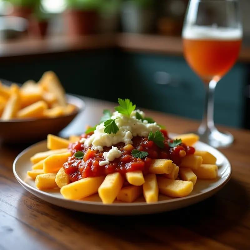 Poutine Canadiense con Queso de cabra: Receta Callejera con Salsa de Carne Vegetal y Crujiente de Patata
