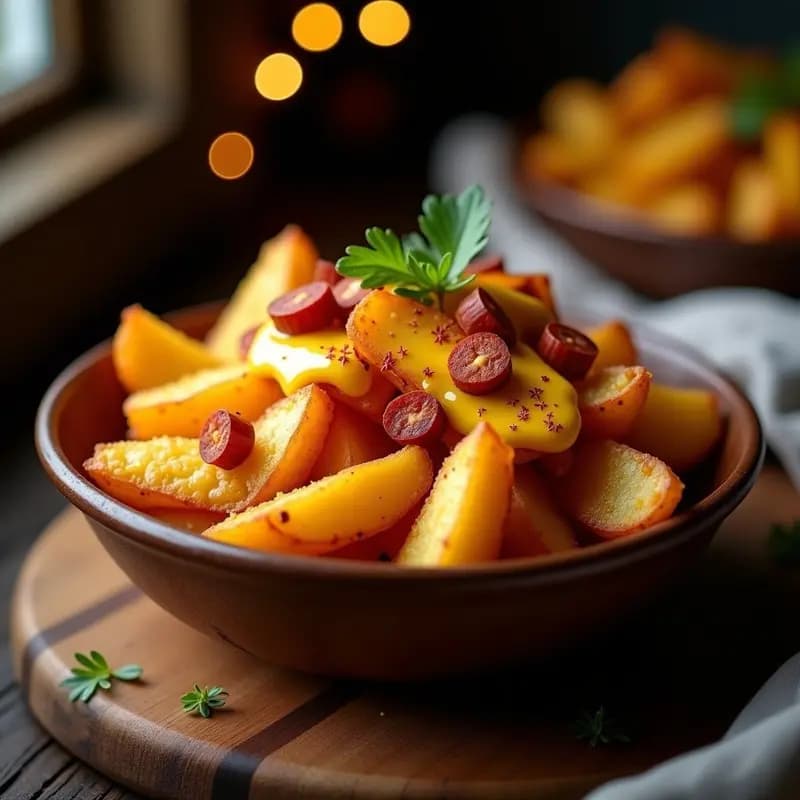 Poutine Europea de Queso Cheddar y Chorizo: Versión Gourmet en Airfryer con Salsa de Queso