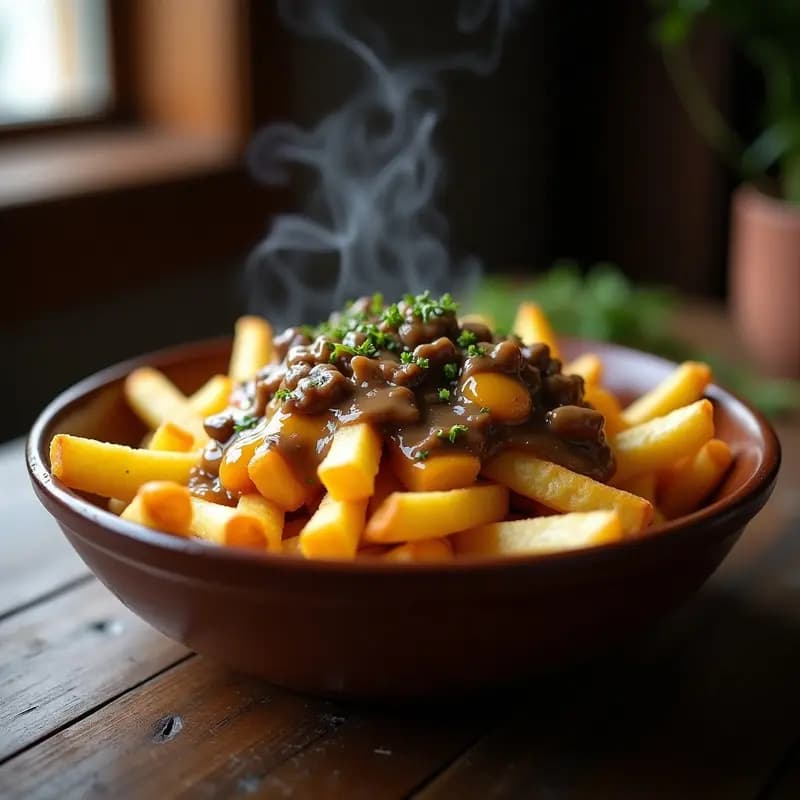 Poutine Canadá con Queso Cheddar y Gravy de Hongos: Snack Decadente en 20 Minutos