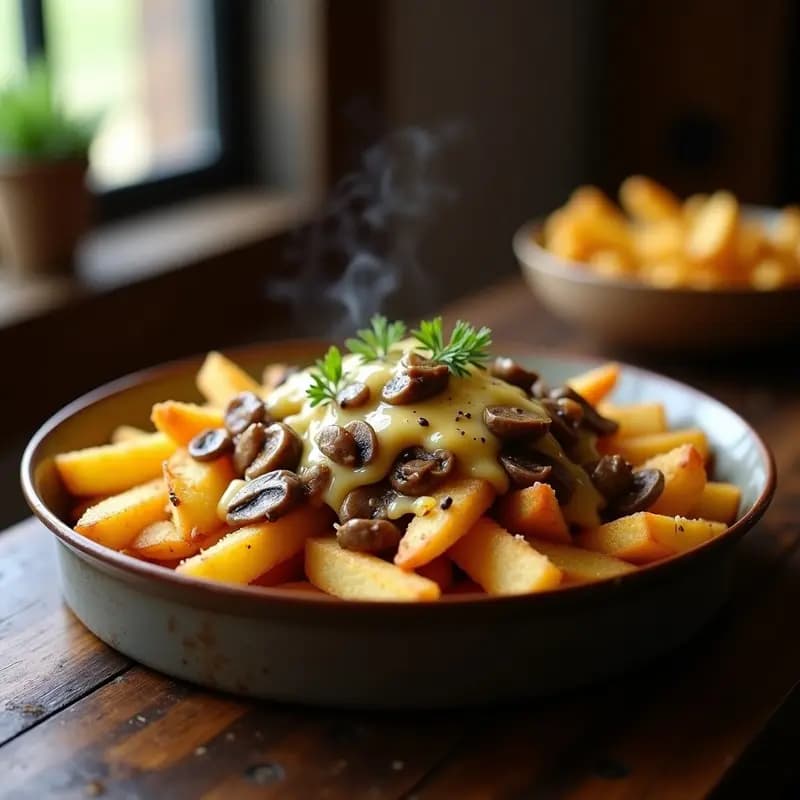 Poutine Canadiense con Queso Cheddar y Salsa de Champiñones: Receta Reconfortante en Horno