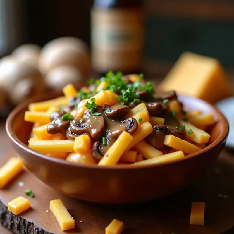 Poutine Canadá con Queso Cheddar y Salsa de Setas: Receta de Comida Callejera en 20 Minutos