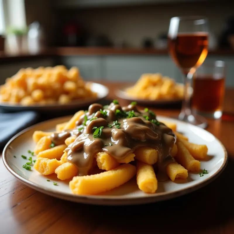 Poutine Canadiense con Queso en Grano y Gravy de Champiñones: Receta Indulgente y Crujiente