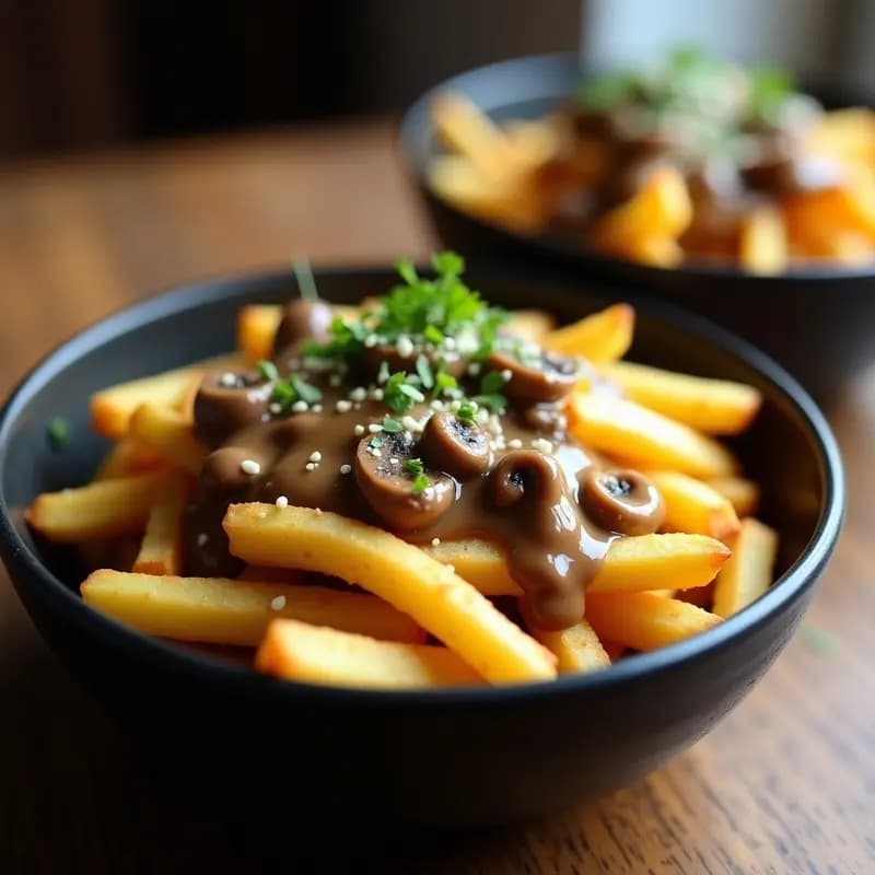 Poutine Canadiense con Queso Vegano y Gravy de Hongos: Receta Crujiente Sin Lácteos