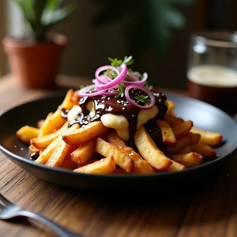 Poutine Canadiense con Queso Vegano y Salsa de Chocolate: Receta Fusión Dulce-Salada