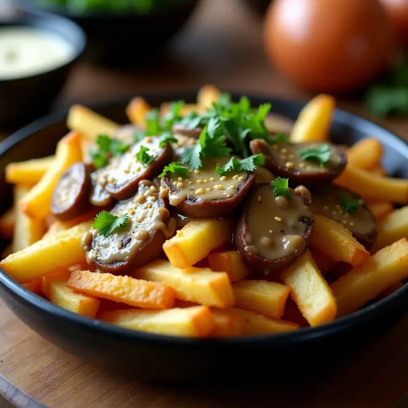 Poutine Canadá con Queso Vegano y Salsa de Hongos: Receta Innovadora Sin Lactosa