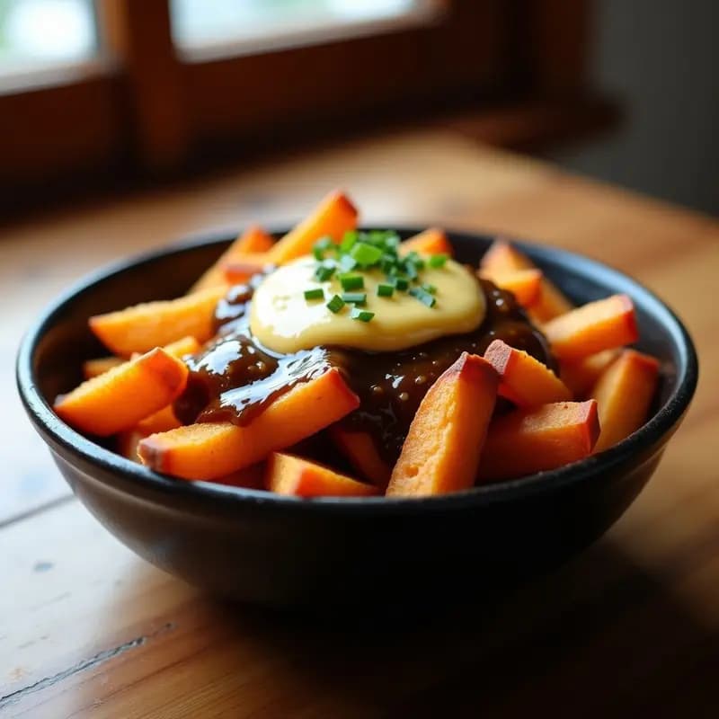 Poutine Vegana de Batata y Queso de Anacardo: Receta Canadiense Sin Lactosa y Crujiente