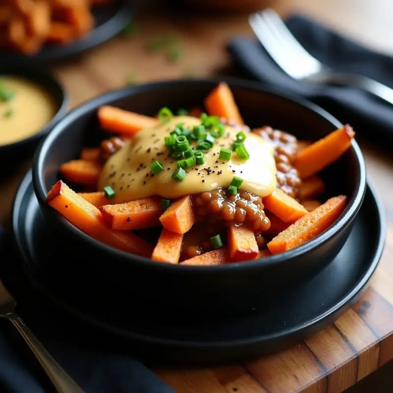 Poutine Vegana de Batata y Queso de Cashew: Receta Canadiense Sin Lácteos y Horneada