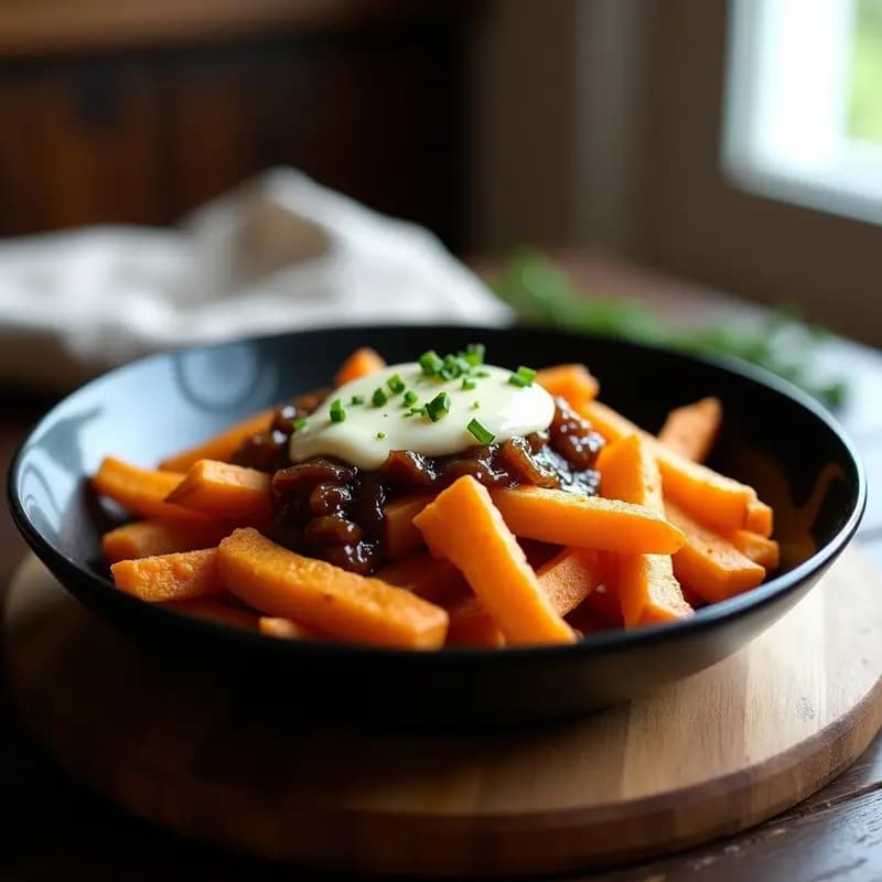 Poutine Vegana de Boniato y Queso de Anacardos: Receta Canadiense Sin Lácteos y Sin Horno
