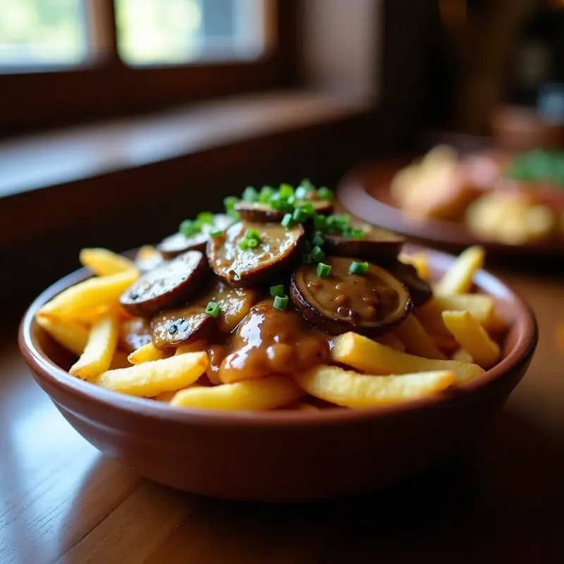 Poutine Canadiense con Queso Vegano y Champiñones Crujientes: Receta Indulgente en Airfryer