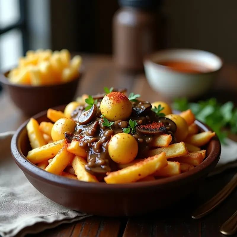 Poutine Canadiense con Queso Vegano y Gravy de Champiñones: Receta Fusion Sin Gluten