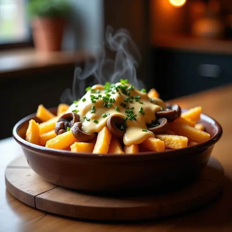 Poutine Vegana con Queso de Anacardos y Gravy de Hongos: Receta Canadian Adaptada