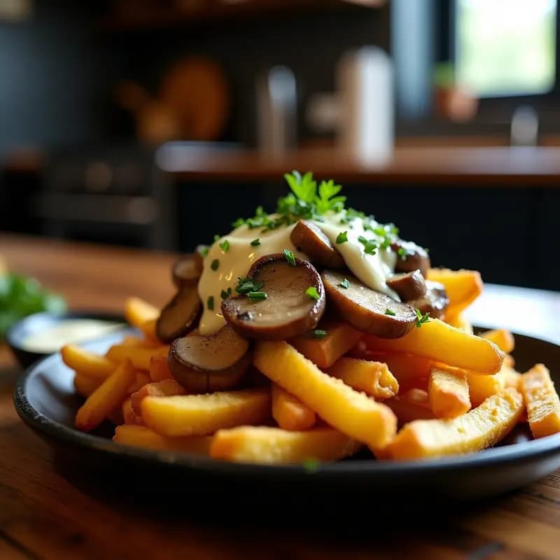 Poutine Francés con Queso Gruyère y Champiñones: Versión Vegana y Sin Lactosa en Airfryer