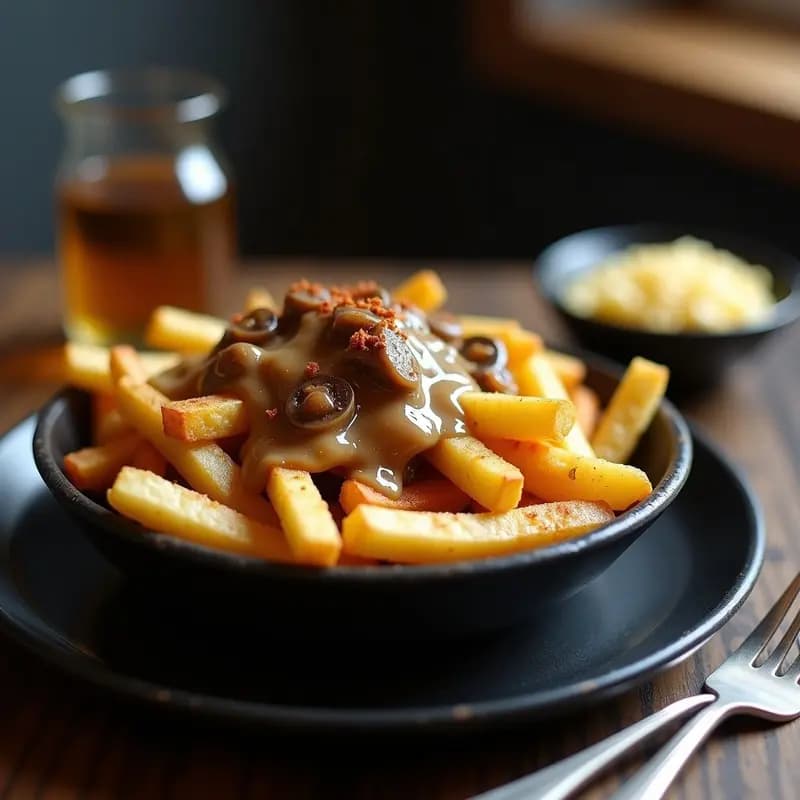 Poutine Canadiense con Gravy de Hongos: Versión Vegana y Sin Lactosa del Clásico Quebecois