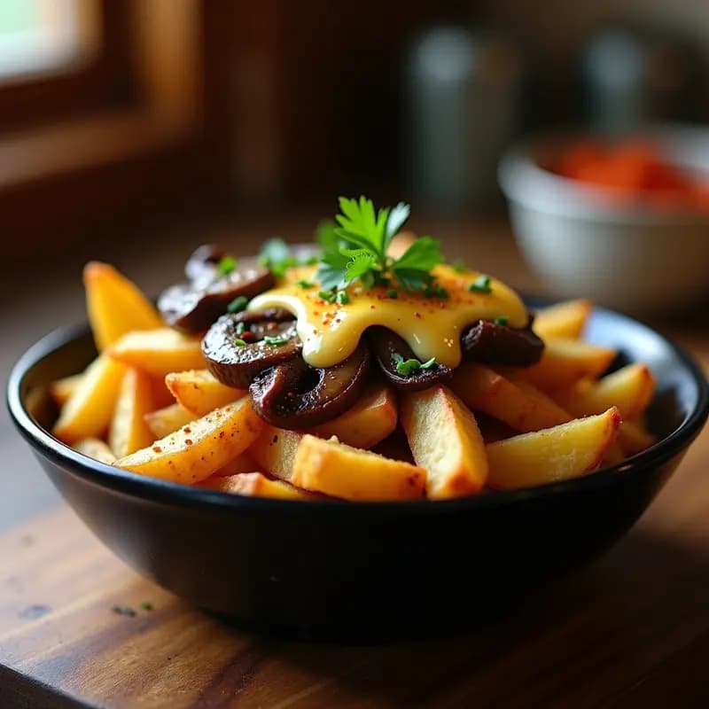 Poutine Canadiense con Queso Vegano y Hongos Portobello: Receta Gourmet Sin Lactosa