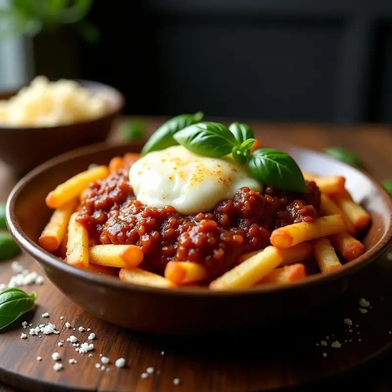 Poutine Véneta con Queso Mozzarella y Salsa Boloñesa: Receta Canadiense-Italiana Fusion