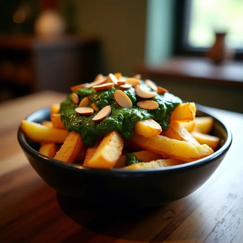 Poutine Verde Canadiense: Receta con Queso Vegano y Salsa de Espinacas para Amantes de lo Crujiente