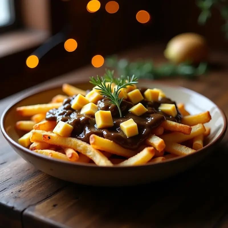 Poutines Canadienses con Queso Cheddar Vegano y Salsa de Champiñones: Receta Crujiente y Reconfortante