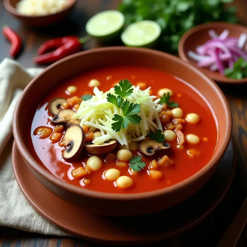 Pozole Rojo Vegano con Hongo Ostra y Lechuga: Receta Mexicana Sin Carnes y Sin Gluten