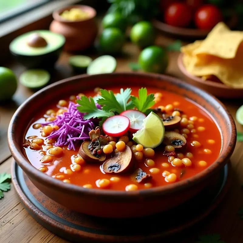 Pozole Rojo Vegano con Hongos y Hominy: Receta Mexicana Tradicional Sin Carne