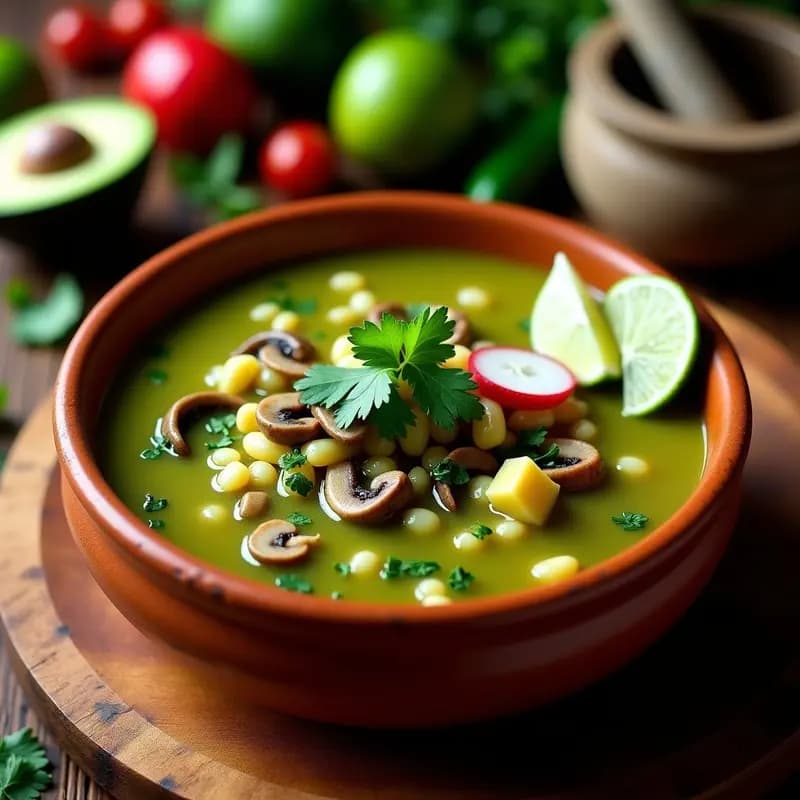 Pozole Verde Vegano con Hominy y Champiñones Portobello: Receta Mexicana Sin Carne
