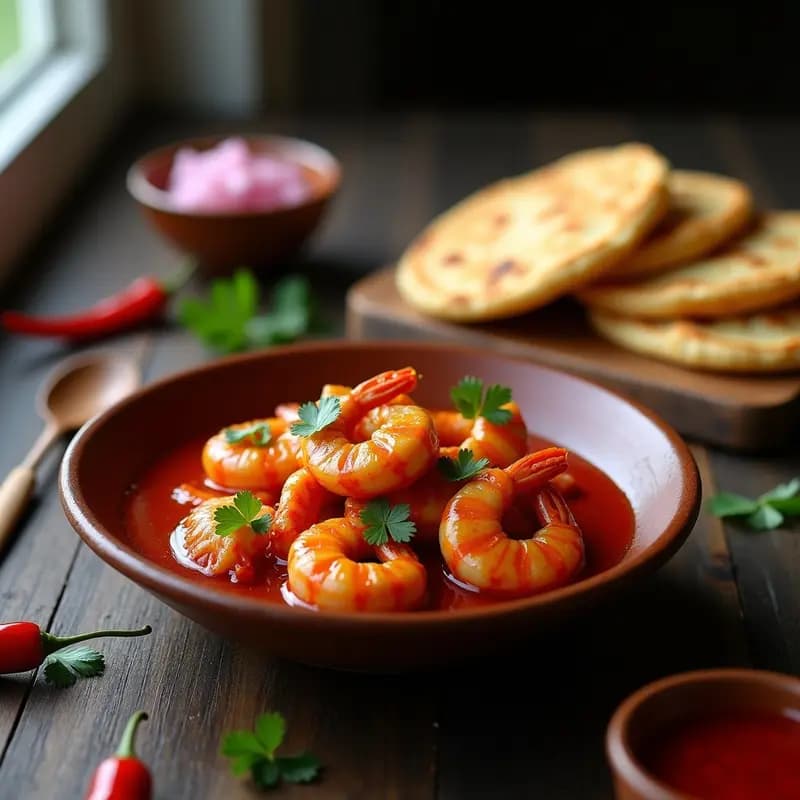 Prawns Balchão con Pan de Poee: Receta de Goa Picante en Sartén