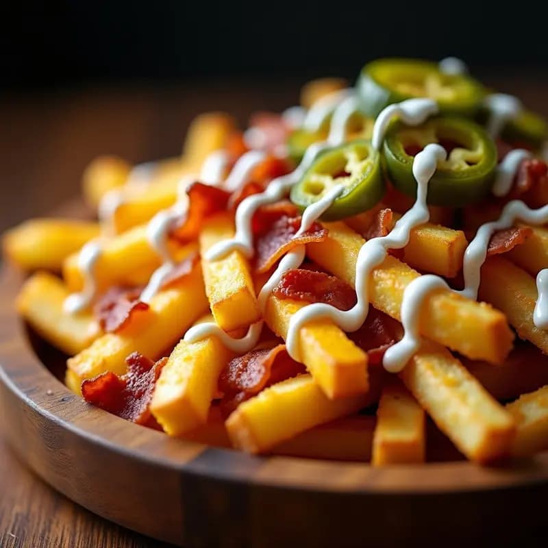 Pregulars: Patatas Fritas Cubiertas de Queso Cheddar Bacon y Jalapeños con Salsa Ranch: Snack Definitivo