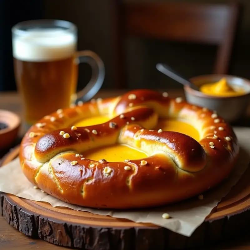 Pretzel Gigante con Queso Cheddar Fundido y Mostaza Dulce: Snack Alemán para Acompañar Cerveza