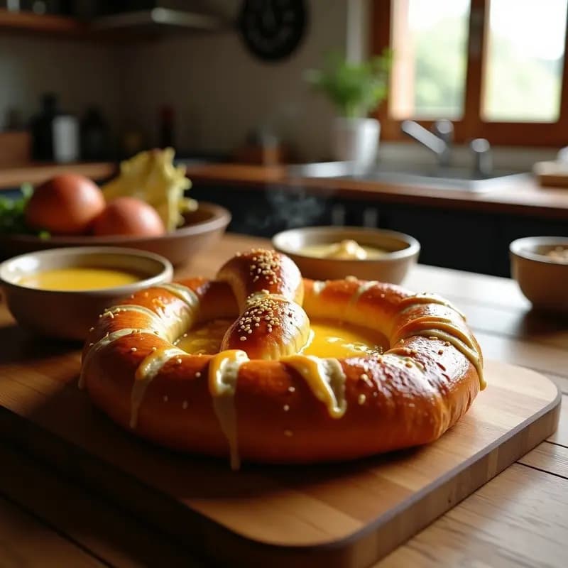 Pretzel Gigante con Queso Cheddar Fundido y Salsa de Mostaza con Miel: Aperitivo Alemán-Americano Irresistible