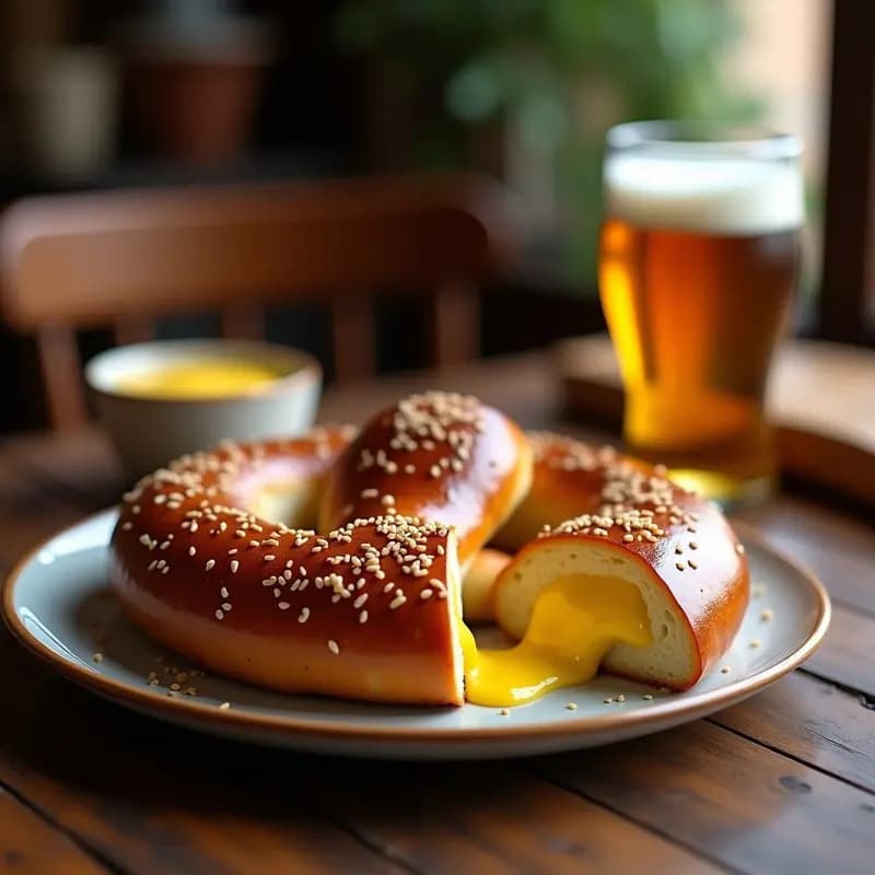 Pretzel Gigante Relleno de Queso Fundido y mostaza de Dijon: Aperitivo Alemán con Toque Gourmet