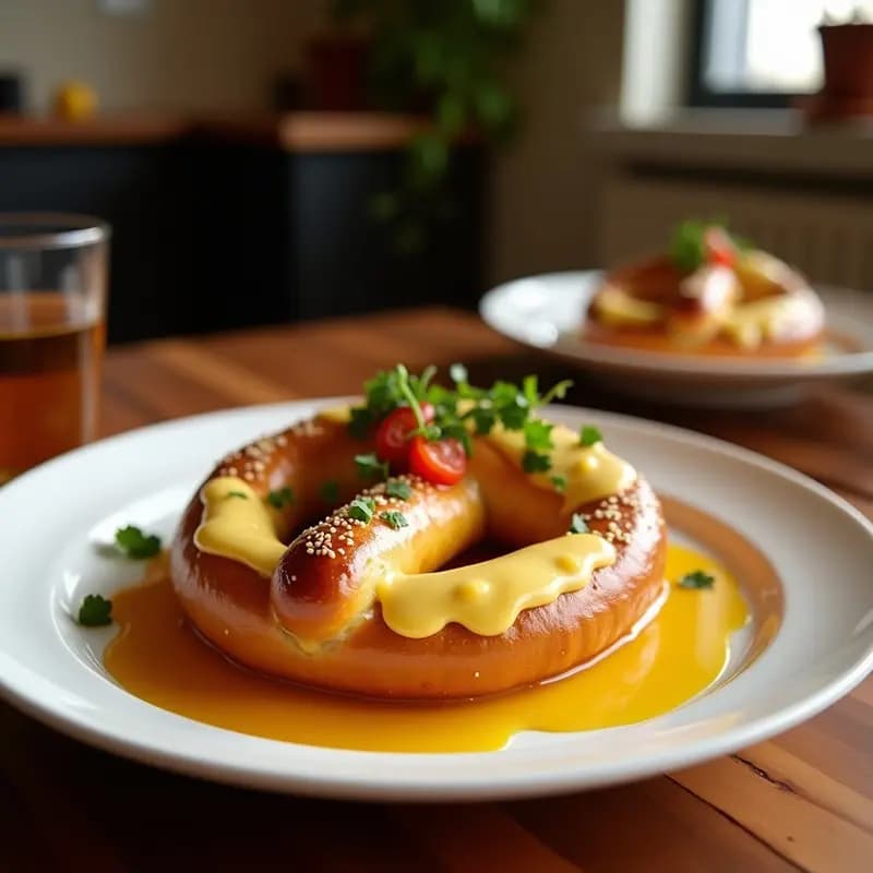Pretzel Gigante Relleno de Queso Fundido y Acompañado de Salsa de Mostaza y Miel: Snack Alemán Reinventado