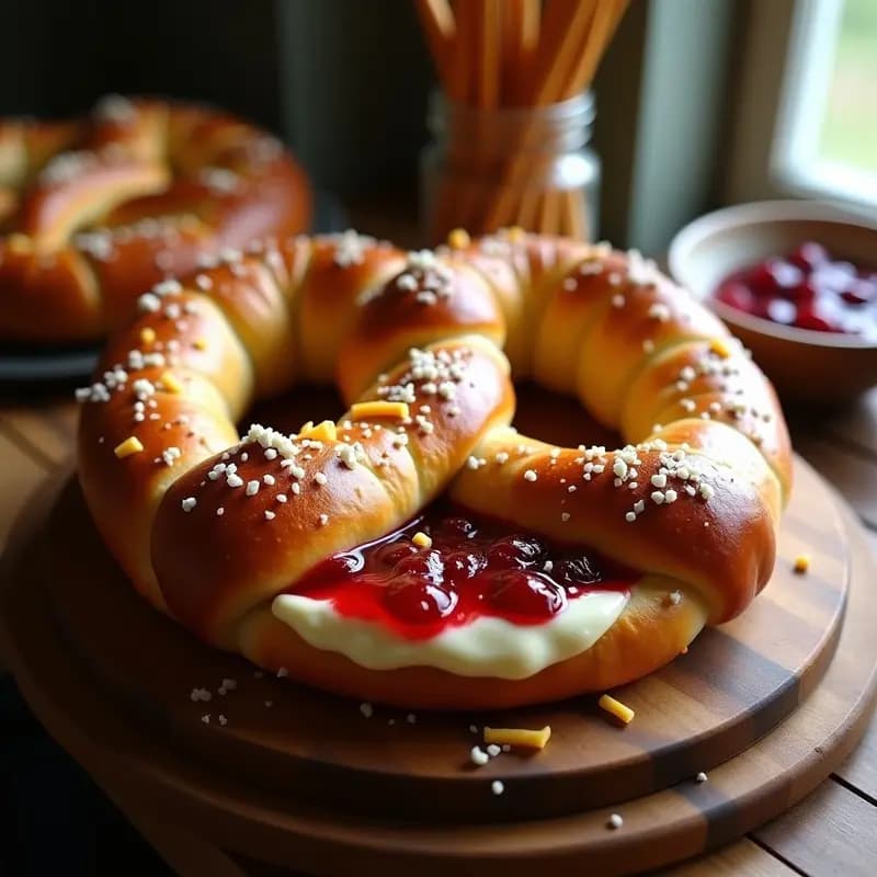 Pretzel Gigante Relleno de Queso Philadelphia y Mermelada de Arándanos: Dulce y Salado en Uno
