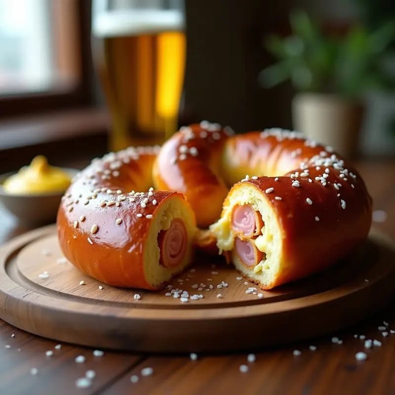 Pretzel Gigante Relleno de Queso Philadelphia y Jamón York con Mostaza Dulce: Aperitivo Alemán Reinventado