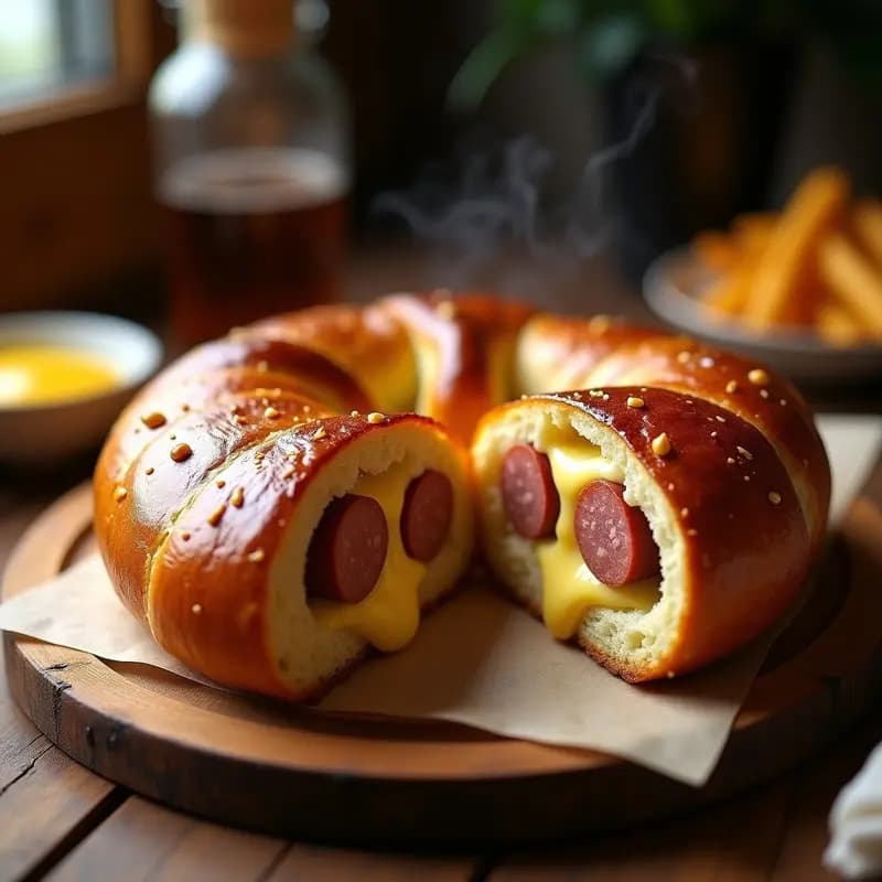 Pretzel Gigante Relleno de Queso Mozzarella y Salchicha Alemana con Mostaza Dulce: Receta de Feria