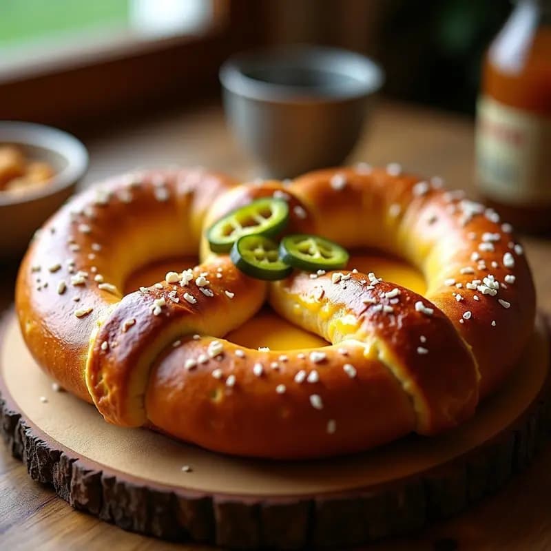 Pretzel Gigante Relleno de Queso Cheddar y Jalapeños: Snack Alemán con Toque Picante