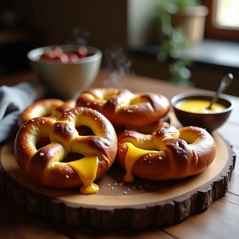 Pretzels Gigantes con Queso Cheddar Fundido y Mostaza con Miel: el Aperitivo que Roba Corazones