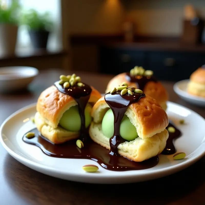 Profiteroles Rellenos de Helado de Matcha y Salsa de Chocolate Negro: Postre Francés Gourmet