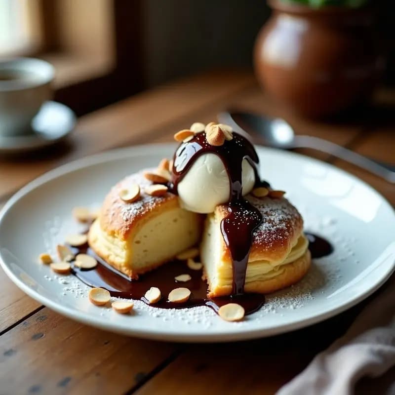 Profiteroles Franceses con Helado de Vainilla y Salsa de Chocolate: Postre Elegante en 10 Minutos