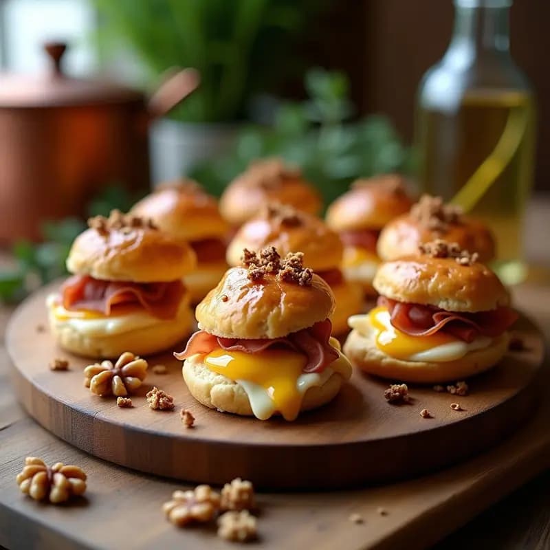 Profiteroles de Queso Gouda y Jamón Serrano: Aperitivo Francés con Relleno de Mostaza y Miel