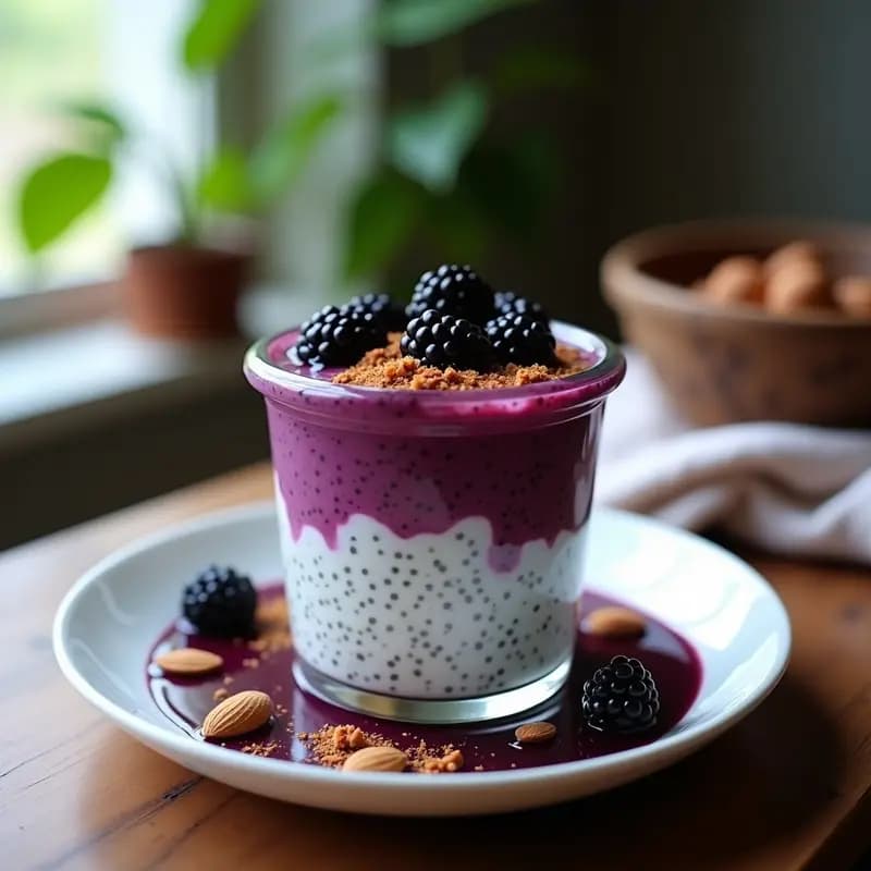 Pnudding de Chía con Leche de Almendras y Swirl de Moras: Desayuno Colombiano Vegano y Sin Cocinar